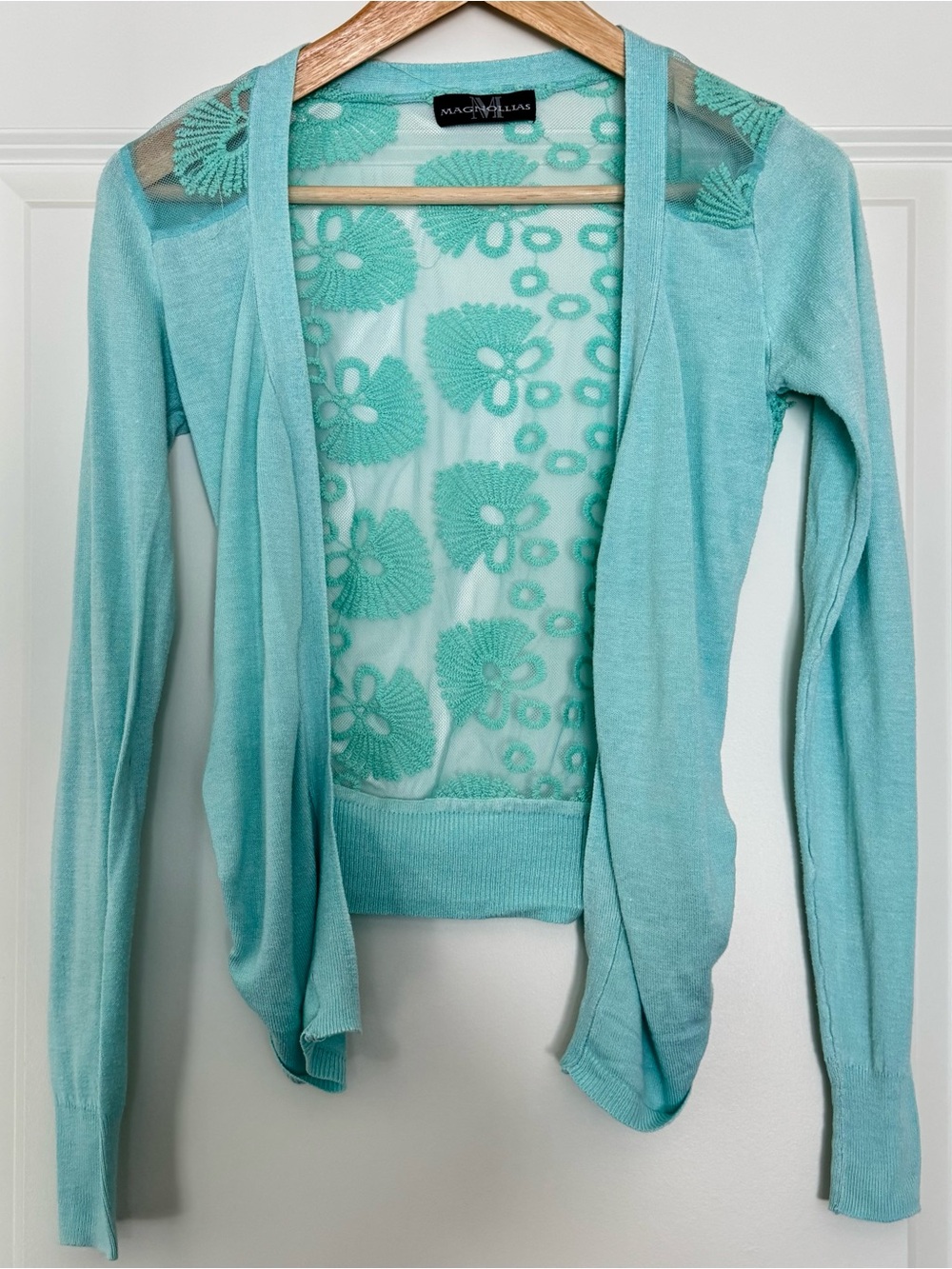 Magnollias Mint Floral Lace Open-Front Cardigan - Lightweight Layer